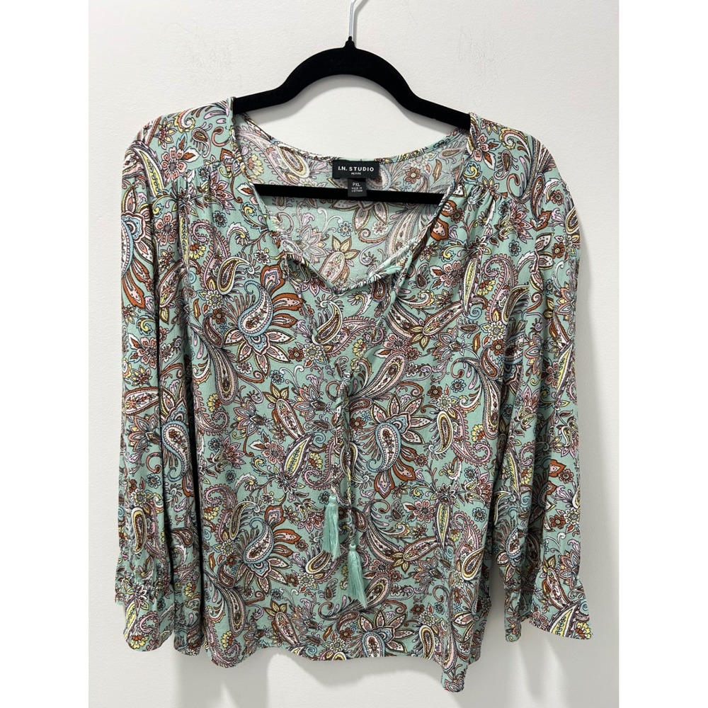 I.N. Studio Petite Mint Green Paisley Tassel Peasant Boho Blouse PXL